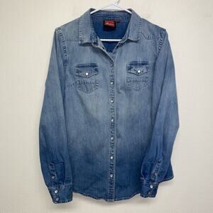 Indian Motorcycle Denim Long Sleeve Pearl Snap Shirt Women Size L Logo On Back